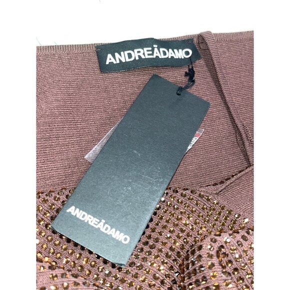 ANDREADAMO Full Strass Mono Shoulder Mini Dress in Brown Large New Womens - Picture 10 of 11